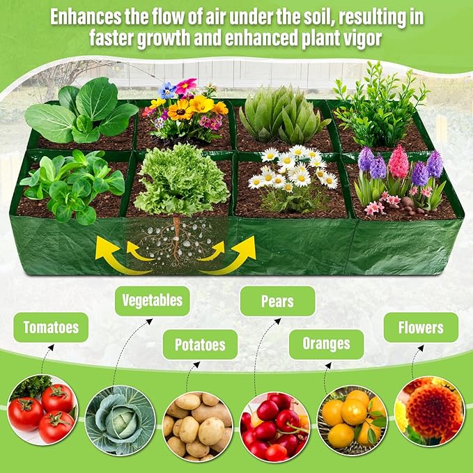 Fabric Raised Garden Bed 2 Pack 8 Grids and 4 Grids 128 Gallon Rectangle Grow Bags with Drainage Holes Breathable PE Planting Containers for Outdoor Vegetables Fruits Flowers