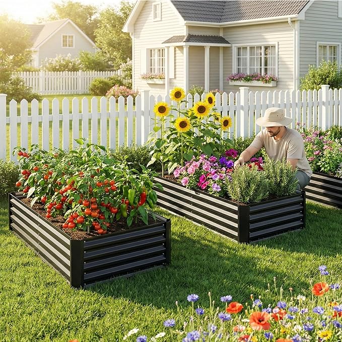 SUPERLELE 4x2x1ft(2 Pack) Black Metal Raised Garden Beds Thickened Color Steel Planter Box for Outdoor Vegetables &amp Flowers 48 L x 24 W x 12 H