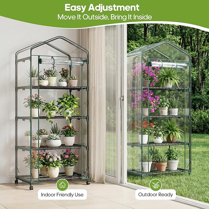 OLIXIS Greenhouse 27×19×63 4 Tier Green House with PVC Cover Roll-Up Zipper Door Wheels Portable Greenhouses for Indoor Outdoor Balcony Porch Garden Patio Backyard Green Houses (Clear)