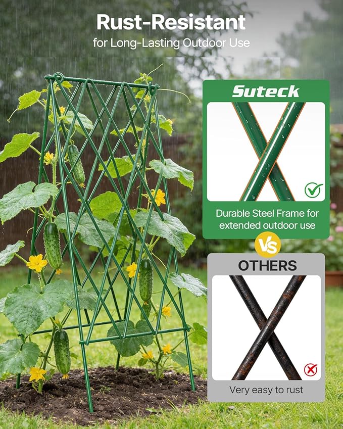 Suteck Cucumber Trellis 39.2 2 Pack A-Frame – Foldable Metal Garden Trellis for Cucumbers Peas Beans &amp Climbing Plants No Assembly Required Plant Support Ideal for Raised Beds Patios &amp B