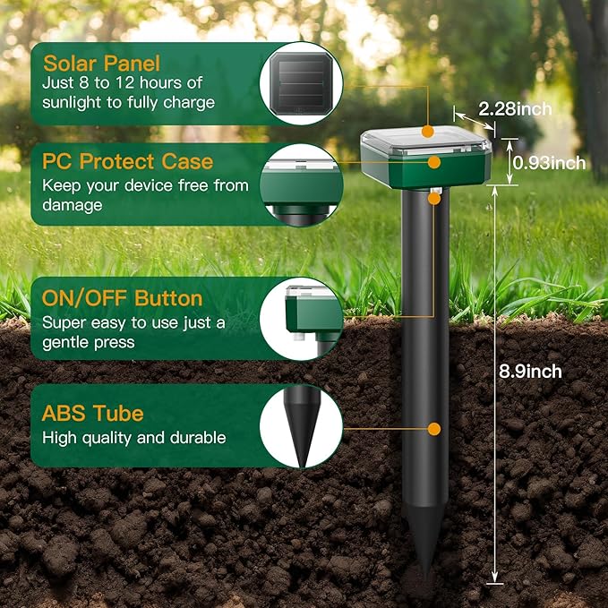 4 Pack Mole Repellent Solar Powered Vibrating Solar Mole Repellent Stakes for Voles Groundhogs Snakes &amp Gophers IP65 Waterproof Mole Deterrent for Yard Farm Lawn &amp Garden