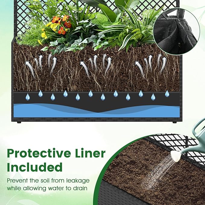 Byroce Raised Garden Bed PE Rattan Planter Box with Lattice Trellis Liner &amp Drainage Outdoor Standing Privacy Planter for Patio Balcony Climbing Plants &amp Hanging Flower (1 Black 40” x 11”