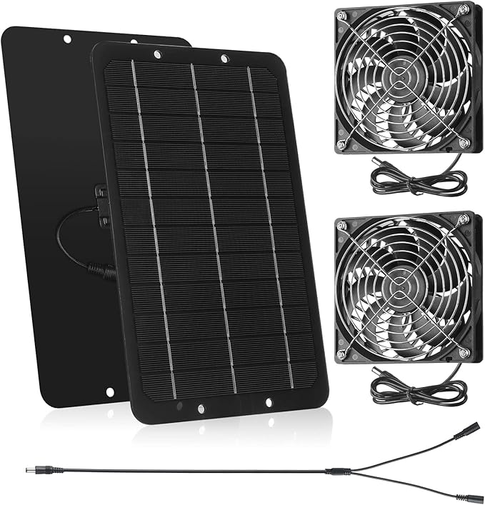 Riakrum Solar Powered Fan Solar Panel Dual Fans Kit 10w 12v Exhaust Fan Outdoor Waterproof for Greenhouse Chicken Coop Pet House Sheds Window(1 Set)