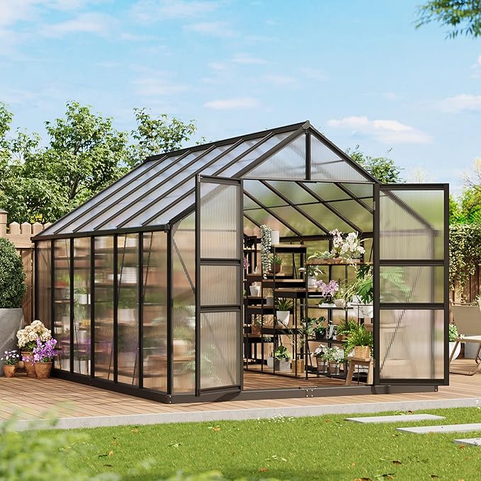 8x12 FT Polycarbonate GreenhouseLarge Walk-in SturdyOutdoor Aluminum Frame Greenhouse with Roof Vent Lockable Push Doorfor Garden Backyard Patio &amp Lawn(Black)
