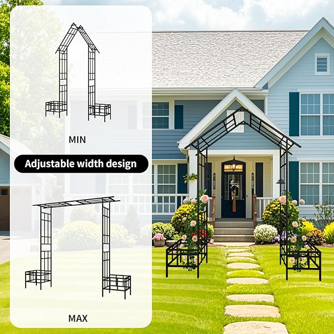 Metal Garden Arch Trellis for Climbing Plants Adjustable Width 68.11 to 94.29 Outdoor Rose Arbor with Flat Top Ceremony Decoration Archway for Wedding Events Lawn Patio Decor