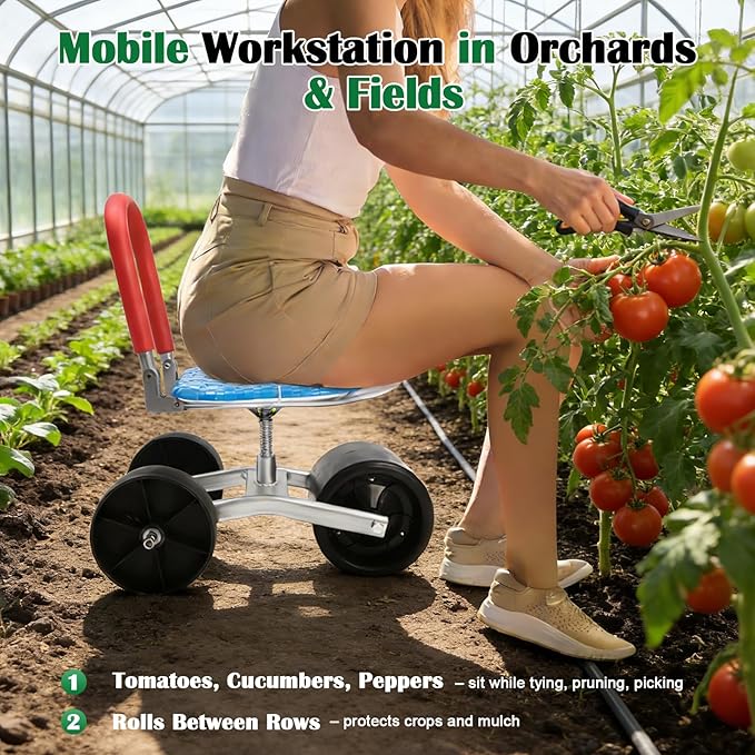 Garden Seat with Wheels 360 ° Rotation and Adjustable Height Rolling Garden Work Seat for Patio Yard Orchard Farmland 3 Wheels