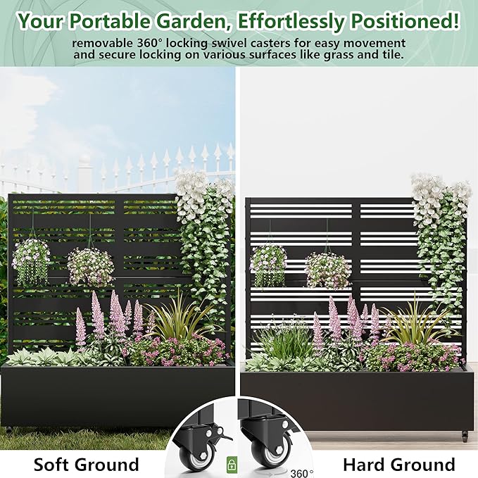 Casaphoria Raised Garden Bed Metal Planter Box with Trellis 47x47x16 for Outdoor Climbing Plants Flowers Vegetables and Vines Privacy Screen with Wheels and Drainage Holes(Black Louvered)