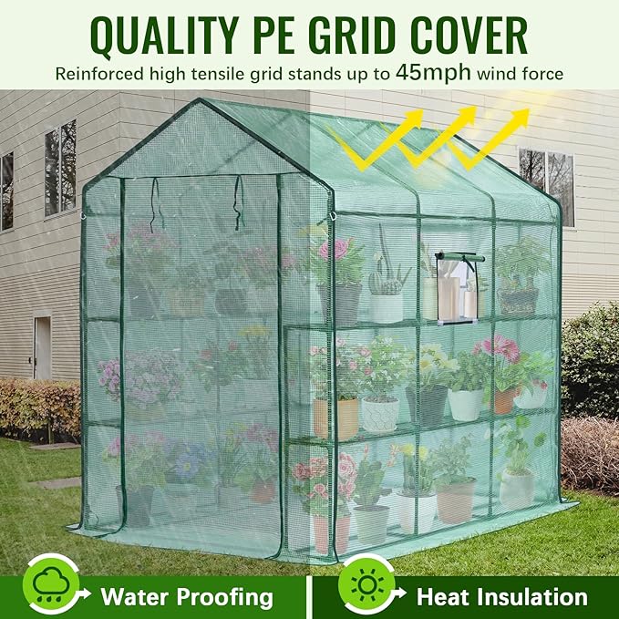 Greengro Greenhouse 57 x 85 x 76'' Greenhouses for Outdoors Portable Greenhouse Kit with Mesh Side Windows PE Cover 8 Shelves Heavy Duty Walk in Green House for Backyard Garden Indoor Outside