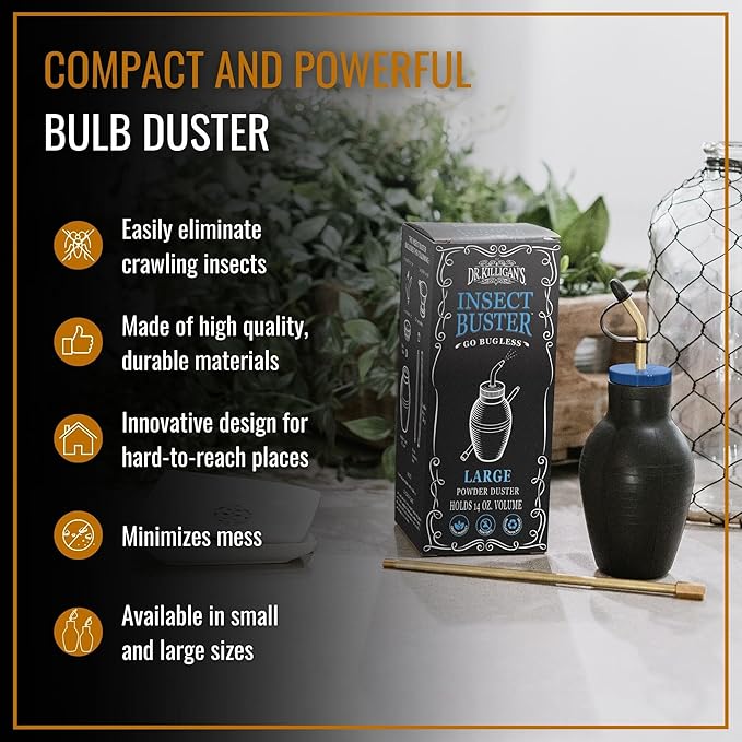Dr. Killigan's The Insect Buster - Bulb Duster Sprayer Applicator Dispenser for Diatomaceous Earth and Other Powders - Effective Dust Application Tool - Large (14oz)