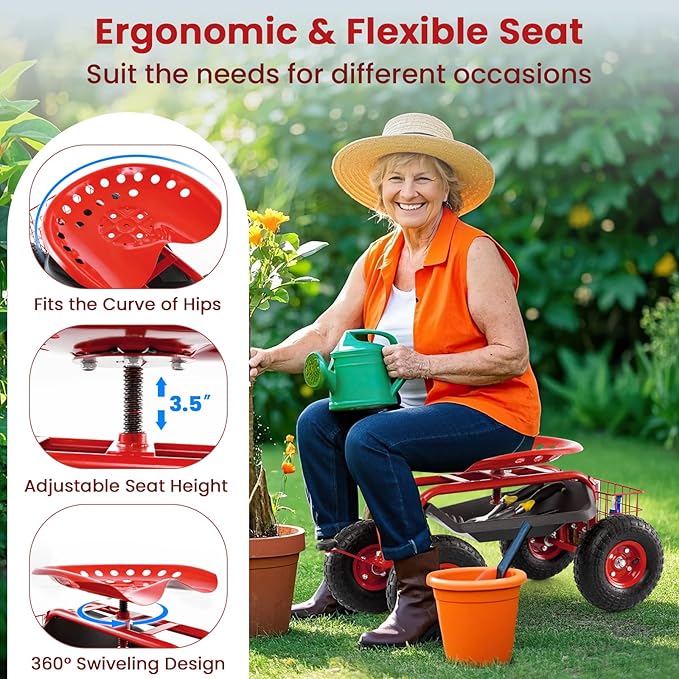 Giantex Garden Workseat 360 Swivel Rolling Seat with Wheels Tools Basket Gardening Cart with Seat Adjustable Height Wagon Scooter for Patio Lawn Yard Outdoor Steerable Stool (Red)