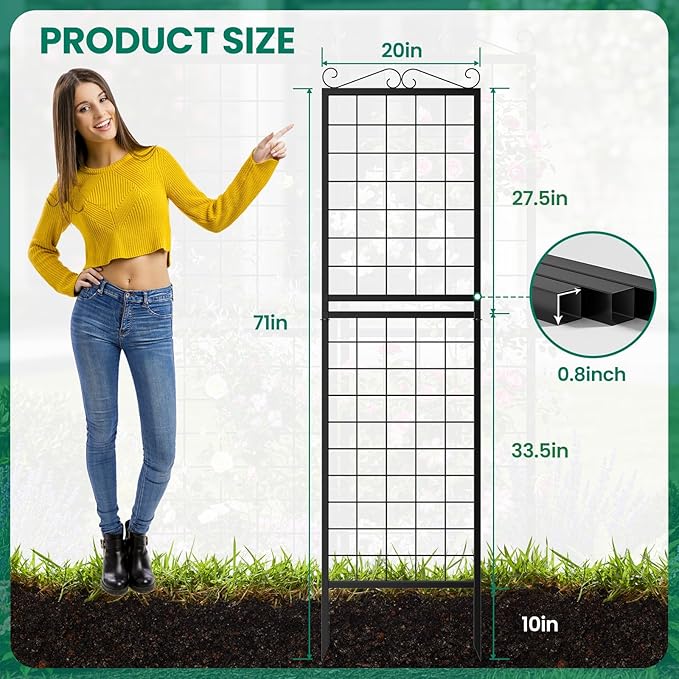 DoCred 2 Pack Garden Trellis for Climbing Plants 71 Inch Metal Plant Trellis for Plant Support Large Decorative Outdoor Trellis for Climbing Vegetable Flower Rose Vine Cucumber Black Square Grid