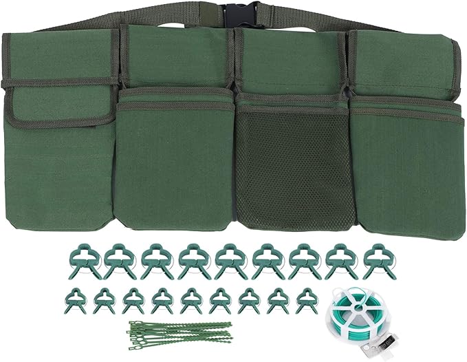 Gardening Tools Set with Green Waist Bag Plant Support Clips and Adjustable Cable Ties Kit