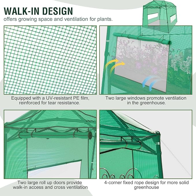 11 x 8.5 x 7.5 FT Walk-in Greenhouse Portable Pop-up Greenhouse for Indoor Outdoor Plant Garden Green House with Zippered Doors Screen Windows Heavy Duty Frame and Durable PE Cover