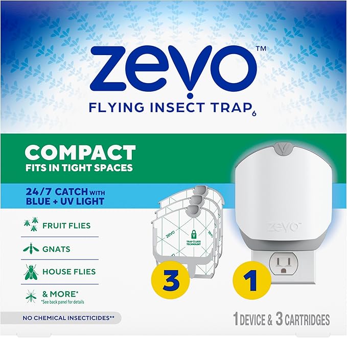Zevo Compact Flying Insect Trap Kit with Refill Cartridges - Plug-in Indoor Bug Catcher for Gnats House &amp Fruit Flies - Blue + UV Light Technology No Odor No Mess (1 Plug-in Device + 3 Cartridg