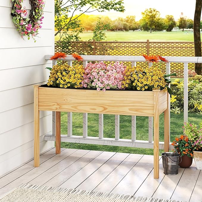COSTWAY Raised Garden Bed Elevated Wood Planter Box Stand with Legs for Vegetables Flowers &amp Herbs Standing Growing Bed for Backyard Patio Balcony 47 x 22.5 x 30 Natural