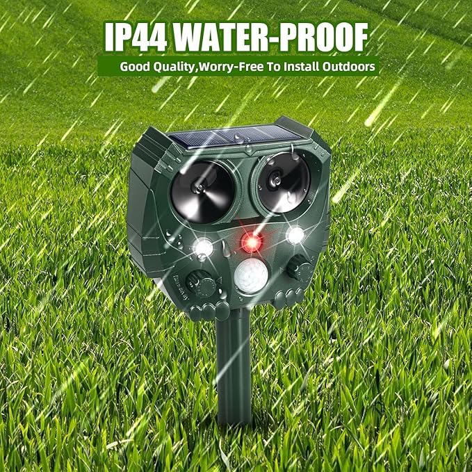 Solar Animal Repeller Ultrasonic Animal Repeller Outdoor Cat Deterrent Deer Repellent with Motion Sensor &amp Led Strobe Light Squirrel Dog Raccoon Rabbit Skunk Repellent for Yard Garden
