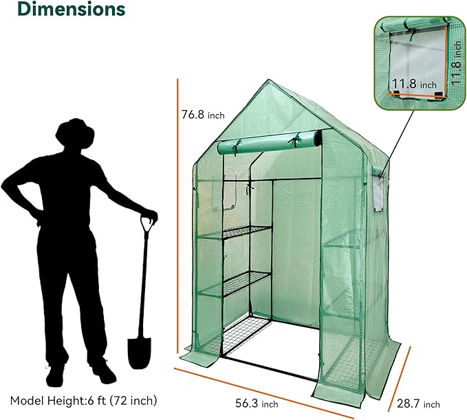 Heyfurni Walk in Greenhouse with ShelvesWalk-in Plant Green House with Durable Green PE Cover 3 Tiers 6 Shelves Stands with Ground Pegs &amp Ropes for Stability 56x28x76