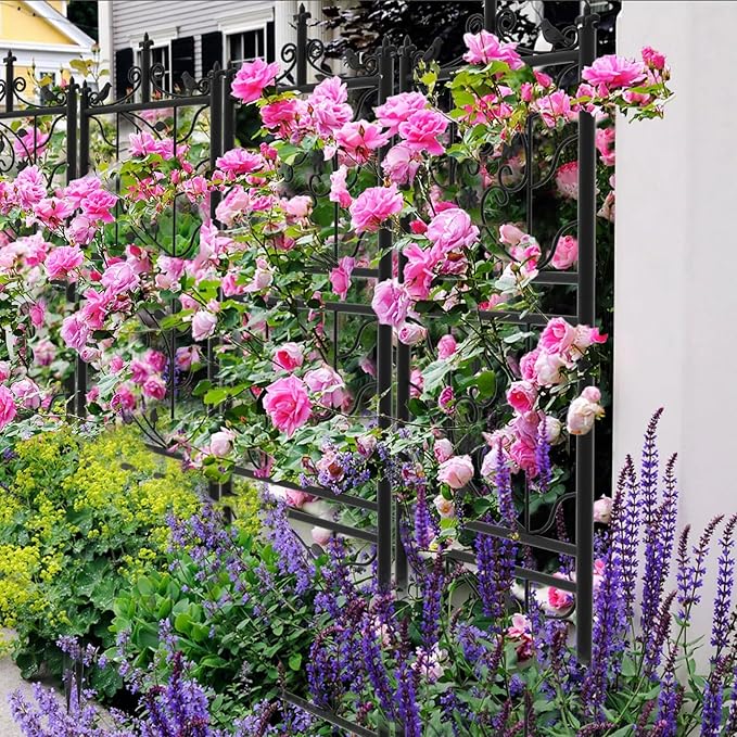 6 Panels Garden Trellis Decorative Outdoor Tall Metal Fence Black Lattice Panel Yard Corner Decor for Climbing Plant Flower