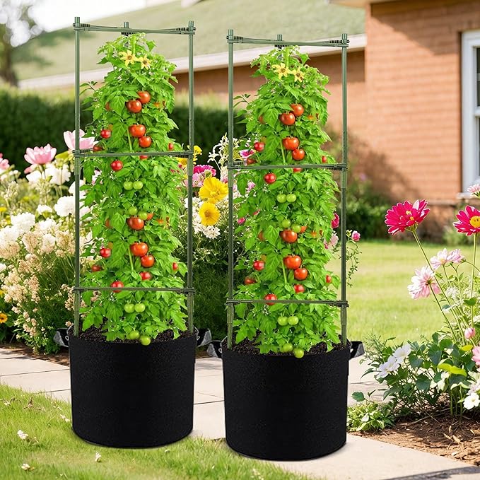 GENMOUS Tomato Cages with Grow Bags - 48 Inch Tomato Trellis for Raised Garden Bed 3-Pack Tomato Plant Support with 10 Gallon Plant Grow Bags Reusable and Height Adjustable