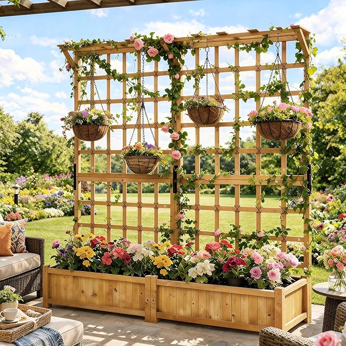 Aoxun 108 Raised Garden Bed with Trellis Wood Planter Container with Hanging Roof &amp Garden Boxes for Climbing Plants Flowers Vine (3 piece)