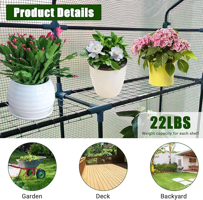 Walk-in Greenhouse for Outdoors Small Green House Outdoor with 3-Tier Shelves Roll-Up Zippered Door &amp Mesh Window All-Season Plant House for Vegetables Herbs Flowers for Patio Backyard Gardenin