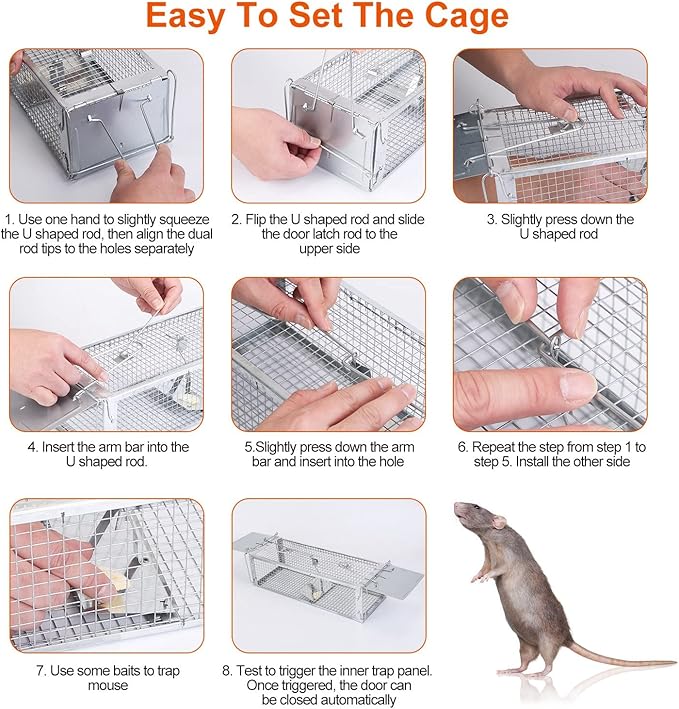 Moclever Humane Rat Trap Cage Dual Door Live Rat Traps Humane Live Rodent Dense Mesh Trap Cage Zinc Electroplating Mice Mouse Control Bait Catch with 2 Detachable U Shaped Rod for Small Animals