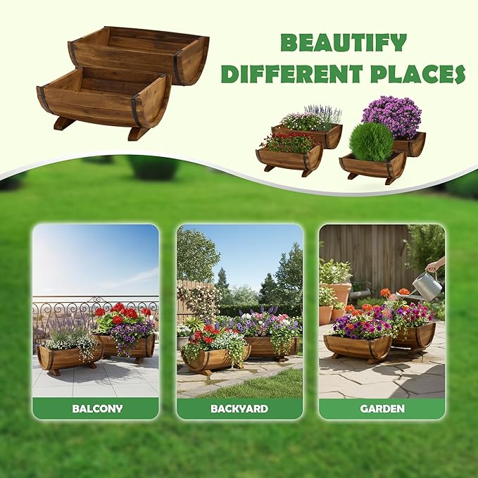 IDZO Solid Acacia Wood Half Barrel Planters Outdoor Set of 2 Different Sizes Wooden Planters for Outdoor Plants with Metal Bands &amp Drainage Holes Legs Included Brown