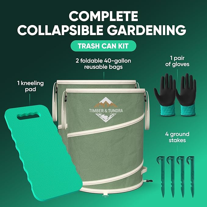 Timber &amp Tundra 40-Gallon Collapsible Trash Can Set of Two with Stakes Gardening Gloves and Kneeling Pads | Pop Up Trash Can for Camping
