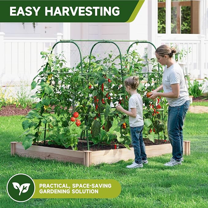 HIRALIY Cucumber Trellis for Climbing Plants Outdoor 4ft Tall Heavy Duty Metal Garden Arch Trellis Rustproof Plant Support Tunnel for Tomato Grape Bean Raised Bed and Vegetable Gardens Green