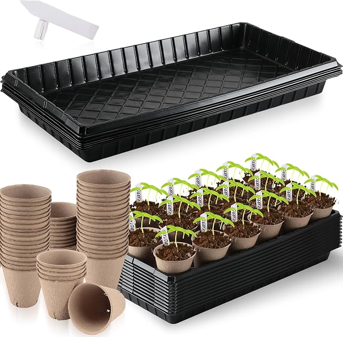Vesici 220 Pcs Seed Starter Tray Kit Include 180 Peat Pots with Drainage Holes 10 Plastic Growing Trays Plant Germination Trays for Seedling 30 Plant Labels for Greenhouse Seedling