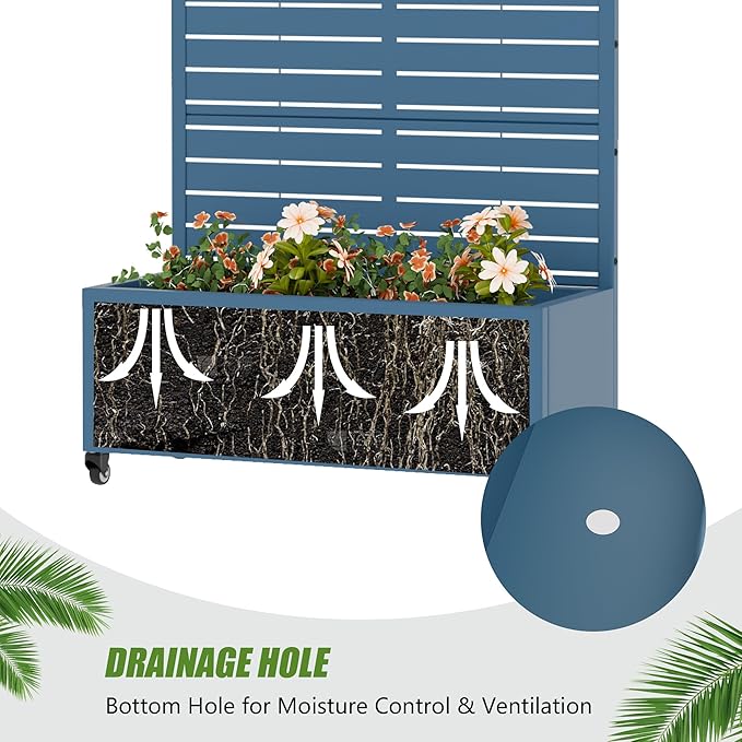 Casaphoria Metal Raised Garden Bed with Trellis and Wheels 72x35x16 Planter Box for Climbing Plants Vegetables &amp Vines Features Drainage Holes and Privacy Screen Blue-Louvered