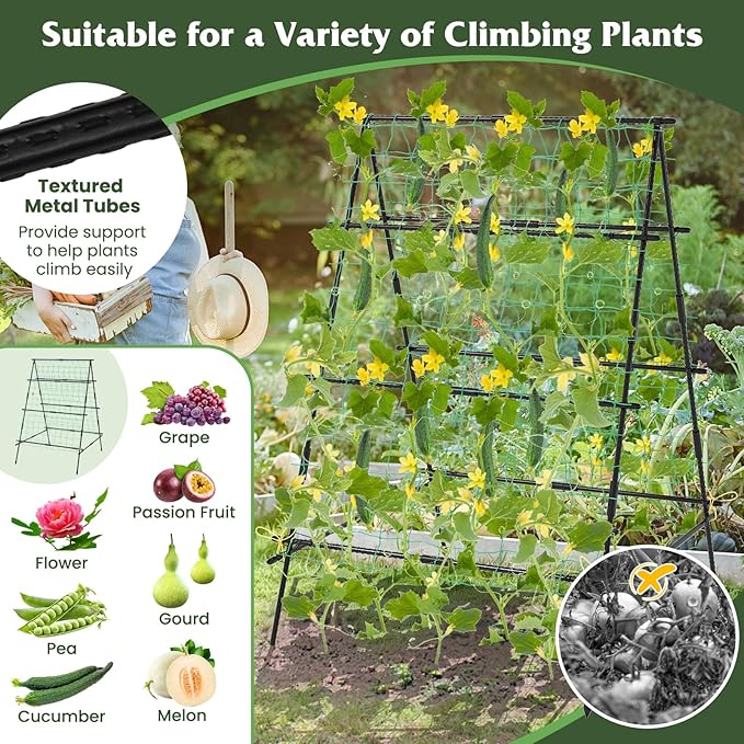 Giantex Cucumber Trellis Trellis for Climbing Plants Outdoor Garden Trellis w/Netting PE-Coated Metal Clips Plant Support for Flower Vine Grape Vegetable Fruit 41x51x59