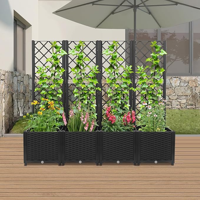 4pcs Planter Box with Trellis Privacy Screen 56H Plastic Raised Garden Bed with Trellis Outdoor Flower Standing Planter with Drainage Hole Privacy Garden Box for Climbing Plants (Dark Black)
