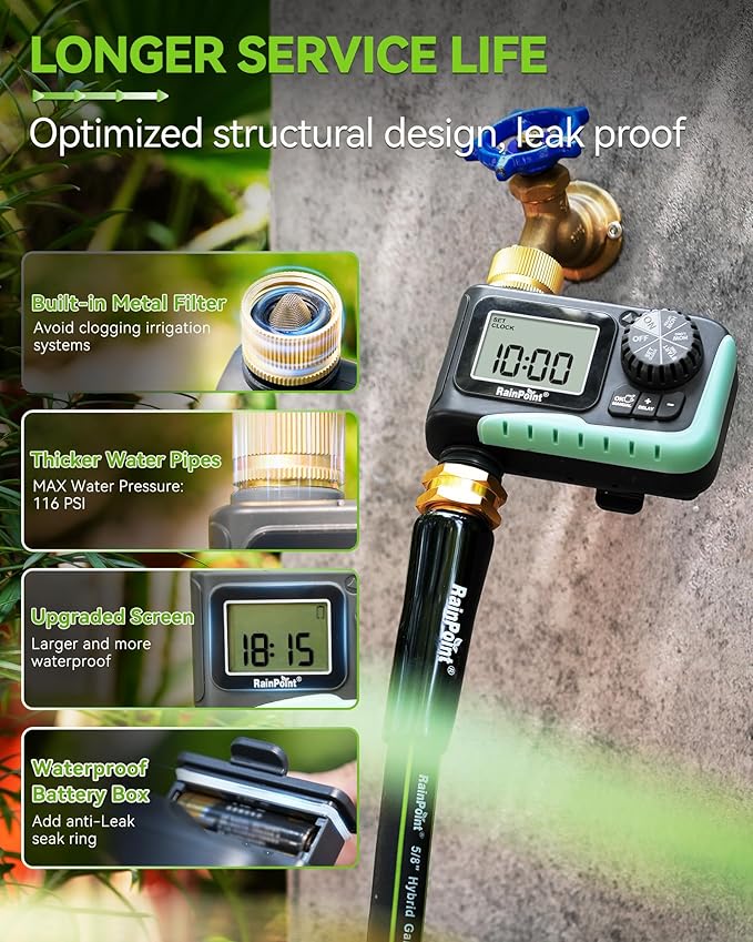 RAINPOINT Sprinkler Timer with Brass Swivel Programmable Water Timer for Garden Hose with Rain Delay/Manual Watering Digital Irrigation System Kit for Lawns 1 Outlet