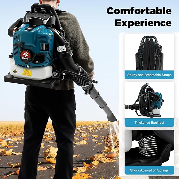 2023 New Blue Backpack Leaf Blower 75.6cc 4 Stroke 3.45HP Powerful Blowing and Low Fuel Consumption Gas Powered Cordless Blower for Yard Garden Lawn Care and Street Cleaning(US Stock)