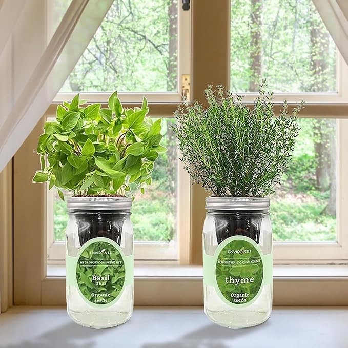 2-Pack Hydroponic Mason Jar Herb Garden Kit Indoor Herb Garden Self-Watering Starter Kit New Christmas Gift for Mom (ThymeThai Basil)