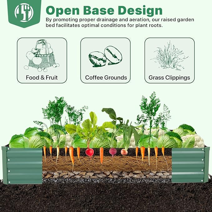 ONCEMORE Galvanized Raised Garden Bed for Vegetables Flowers Herbs Metal Raised Garden Bed Kit with 2 PCS Tomato Cage Gloves Trellis Netting Plant Labels Plant Ties Green 6×3×1FT