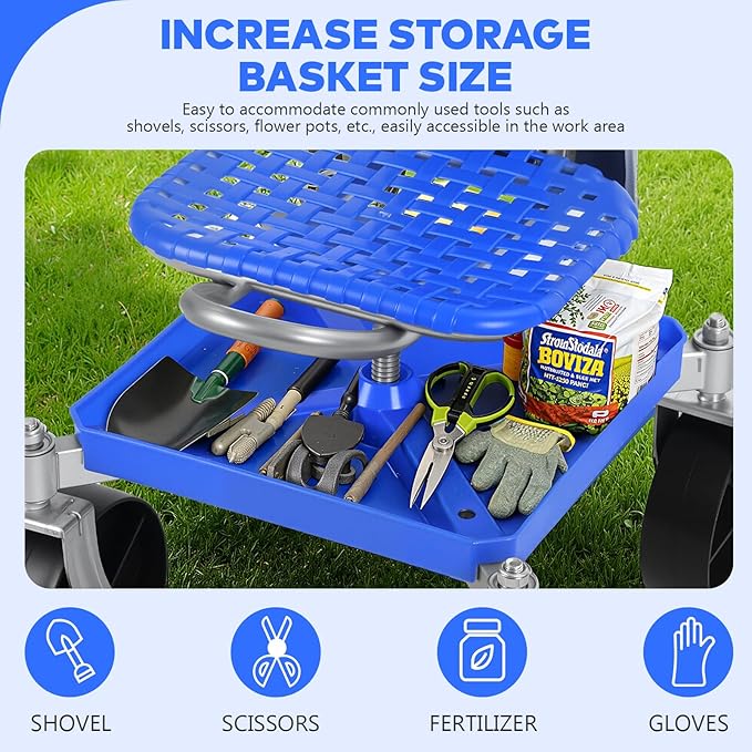 Rolling Garden Seat with Wheels 12.6 150KG Load Capacity Garden Cart with Seat Enhanced Mobility Casters Built-in Storage Tray Gardening Stools for Seniors for Yard Gardening Planting Tasks