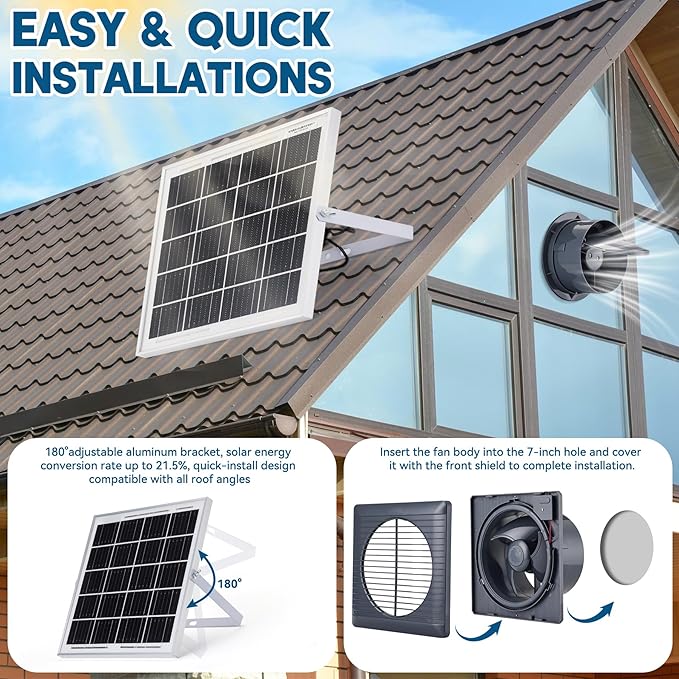 Solar Powered Exhaust Fan 25W Solar Panel+8 High Speed Solar Powered Fans Solar Exhaust Intake Fan Kit with Bracket Anti-backflow Valve Power Adapter Vent Fan for Shed Greenhouse Attic