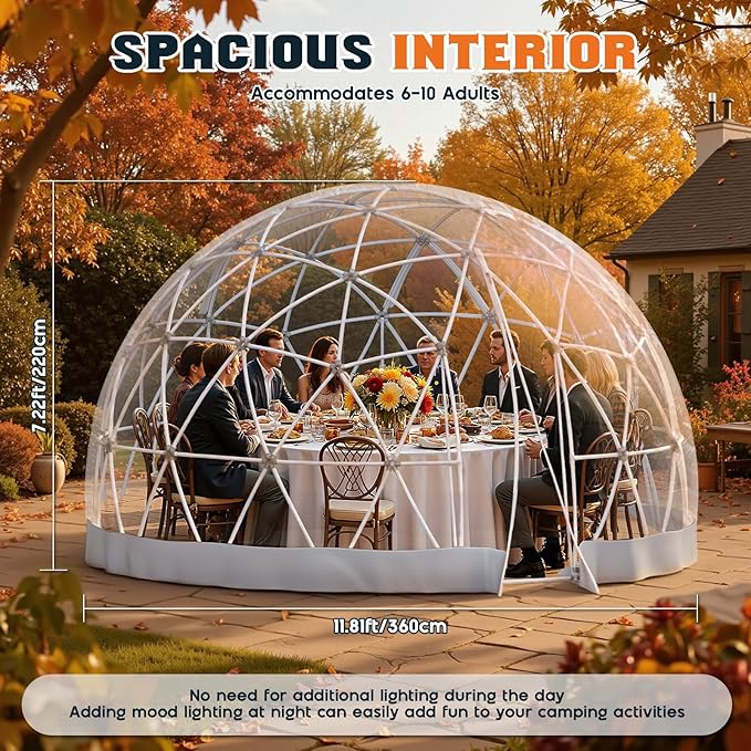 12 FT Garden Dome Greenhouse PVC Transparent Cover Quick Connect Plug Installation Waterproof Pop-up Green House 6-10 Person Bubble Tent for Patio Backyard Party Wedding