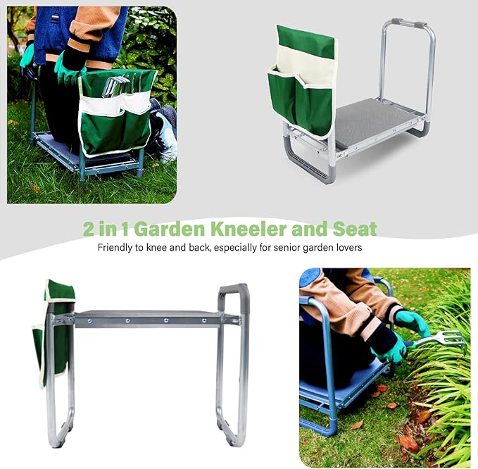 BESTHLS Garden Kneeler and Seat - Heavy Duty Folding Stool with Thick Pad Tool Pouches &amp Bag 330 lbs Capacity - Knee &amp Back Support Perfect for Seniors Women Men