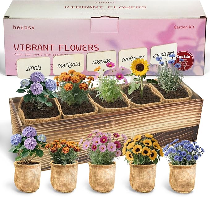 Herbsy 5 Indoor Flower Growing Kit Complete Planting Starter Set with Sunflower Zinnia Marigold Cosmos Cornflower Seeds Unique Birthday and Christmas Gifts for Women Men Plant Lovers