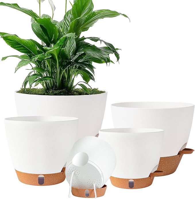 Self Watering Pots for Inoor Ourdoor Plants 10/9/8/7/6.5 Inch Plastic Planters with Drainage Holes &amp Water Level Indicator Decorative House Flower Nursery Planting Pots with Saucers ((White)