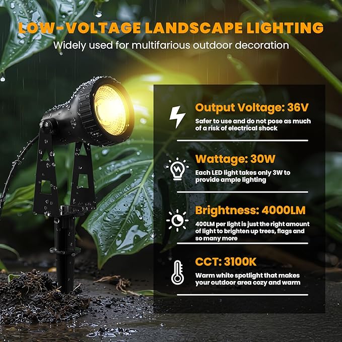 Outdoor Landscape Lighting 10-Pack Low Voltage LED Spot Lights with Transformer Waterproof IP65 Outdoor Landscape Lights for Garden Yard Backyard Lawn Trees House Flags – Warm White