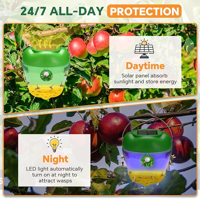 Wasp Trap Solar Wasp Traps Hanging Reusable Yellow Jacket Trap with LED Light Wasps Killer Bee Hornet Traps for Outside Orchard Farm Garden Patio Courtyard