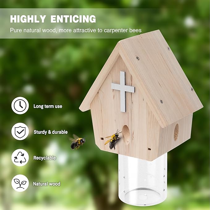 Carpenter Bee Trap for Outside - Church Style Nature Hanging Wood Carpenter Bee Traps Outdoor - Insect Traps with Removable Vault(4 Pack)