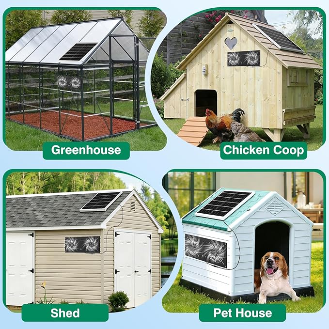 40W Solar Powered Exhaust Fan with 18000mAh Battery &amp Timer 3500RPM High-Speed Waterproof Ventilation Fan for Chicken Coop Greenhouse Shed Pet House &amp Window