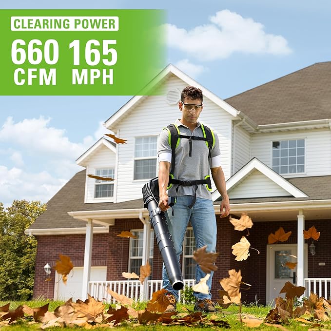 Greenworks 40V (165 MPH / 660 CFM / 75+ Compatible Tools) Cordless Brushless Backpack Leaf Blower 8.0Ah Battery and Charger Included Green