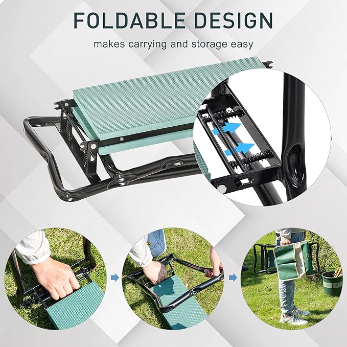 Garden Kneeler and Seat Bench with Tool Pouch - 2-in-1 Folding Stool with Cushion for Gardening Kneeling Sitting 330lbs Capacity &amp Large Side Storage Bag