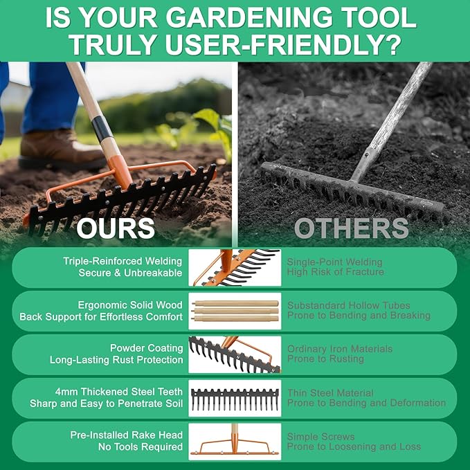 17 Tines Wide Head Bow Rake for Soil Leveling Garden Rake Heavy Duty with 55” Adjustable Wooden Handle Heavy Duty Metal Rake for Lawns Gardening Loosening Soil Gathering Leaves Landscaping